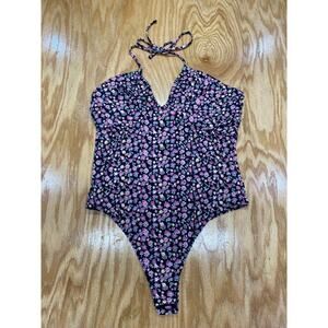 Wayf One-Piece Swimsuit Womens Large Black Floral Sleeveless Halter Hipster B67